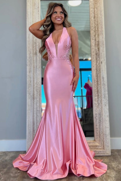 Pink Mermaid Prom Dress with Deep V-Neck Backless Long Satin and Appliques