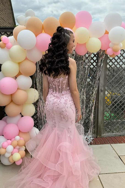 Sevoba|Pink Strapless Sleeveless Appliques Mermaid Ruffles Long Prom Dress