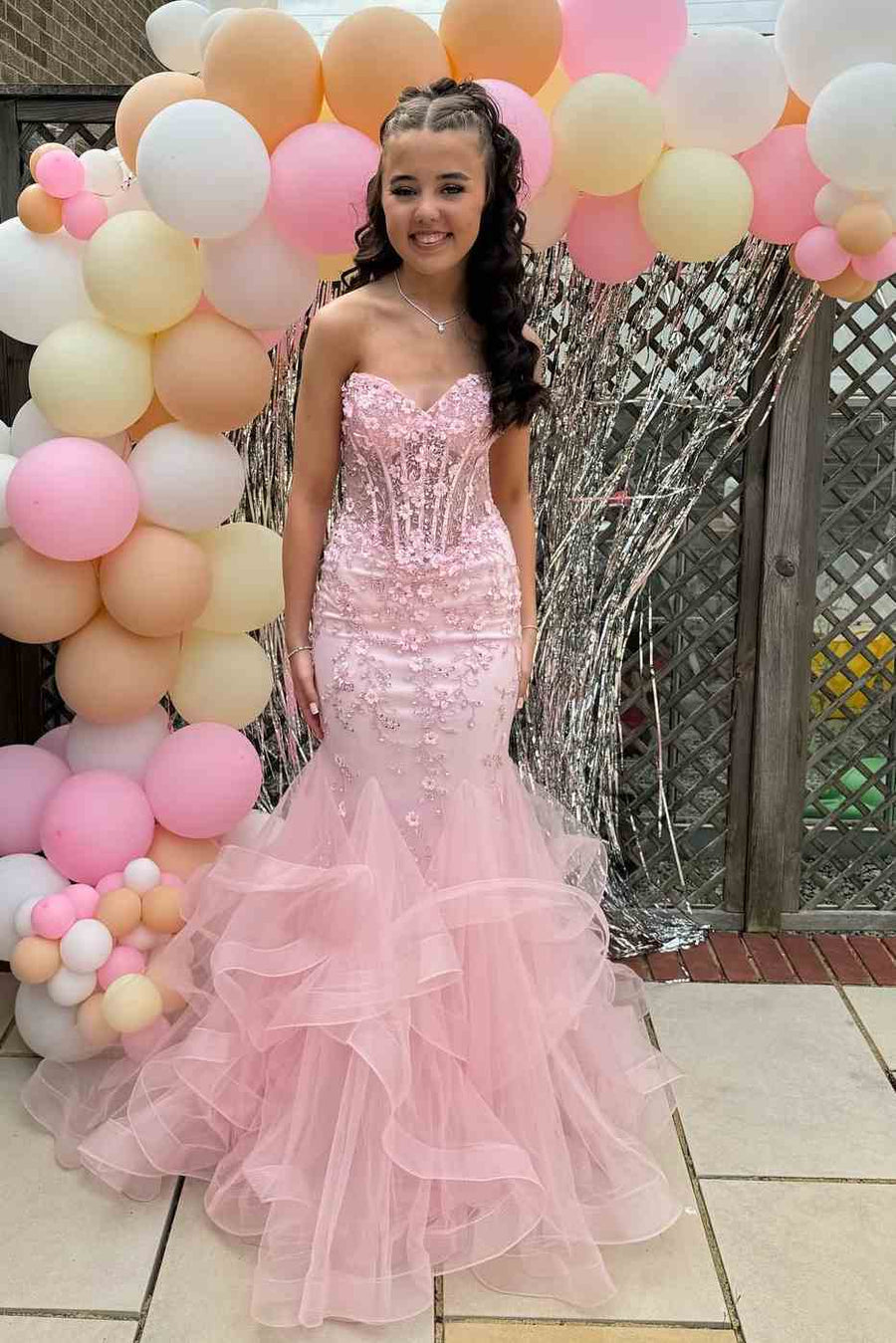 Sevoba|Pink Strapless Sleeveless Appliques Mermaid Ruffles Long Prom Dress