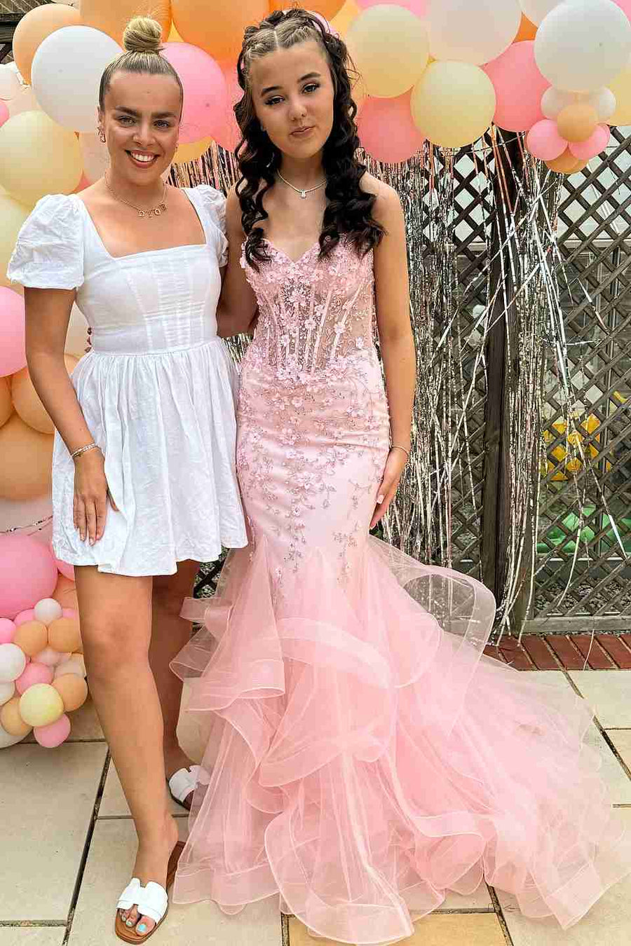 Sevoba|Pink Strapless Sleeveless Appliques Mermaid Ruffles Long Prom Dress