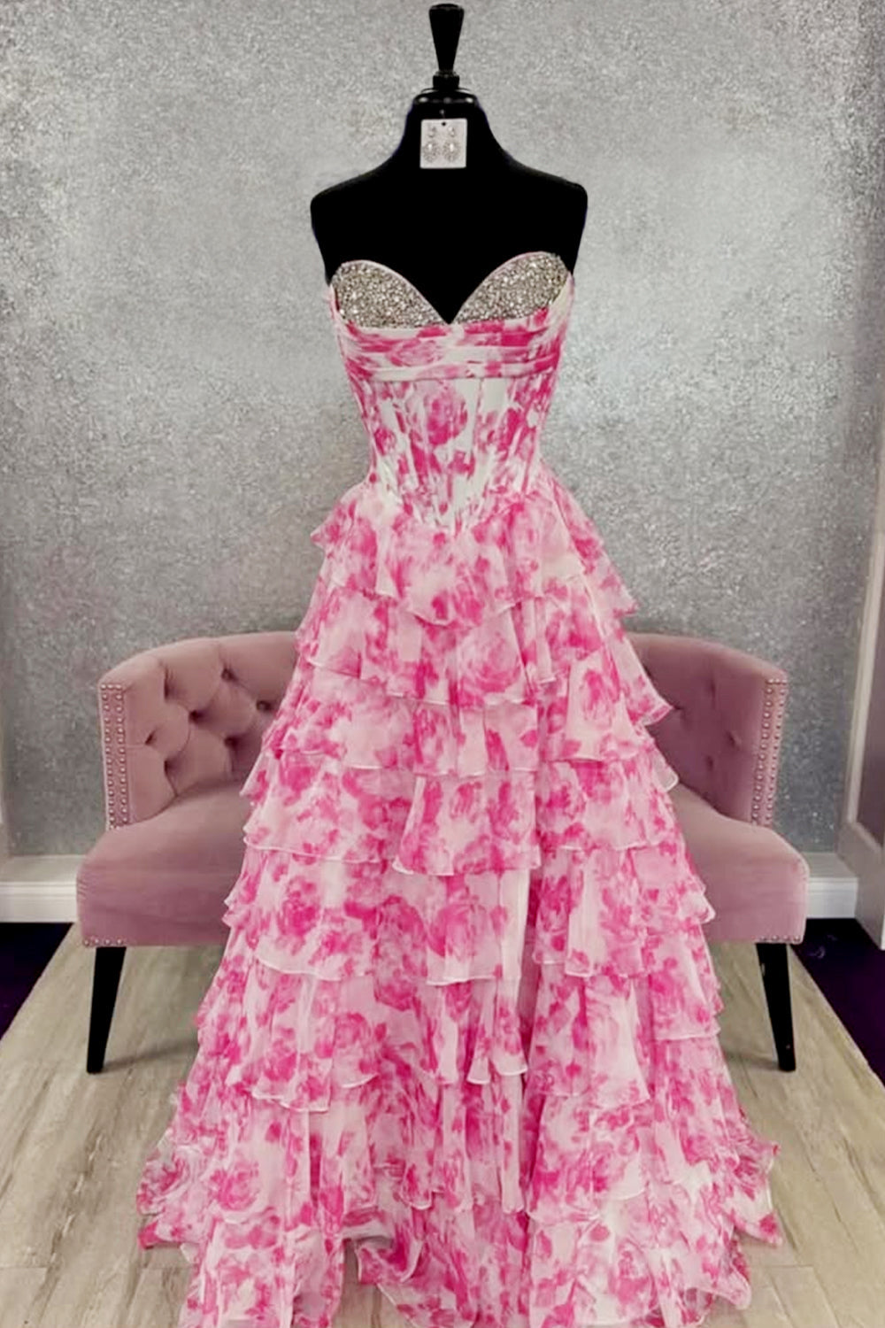 Watercolor Floral Strapless Prom Dress with Sweetheart Tiered Chiffon Train