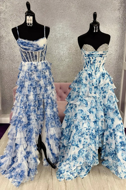 Watercolor Floral Strapless Prom Dress with Sweetheart Tiered Chiffon Train