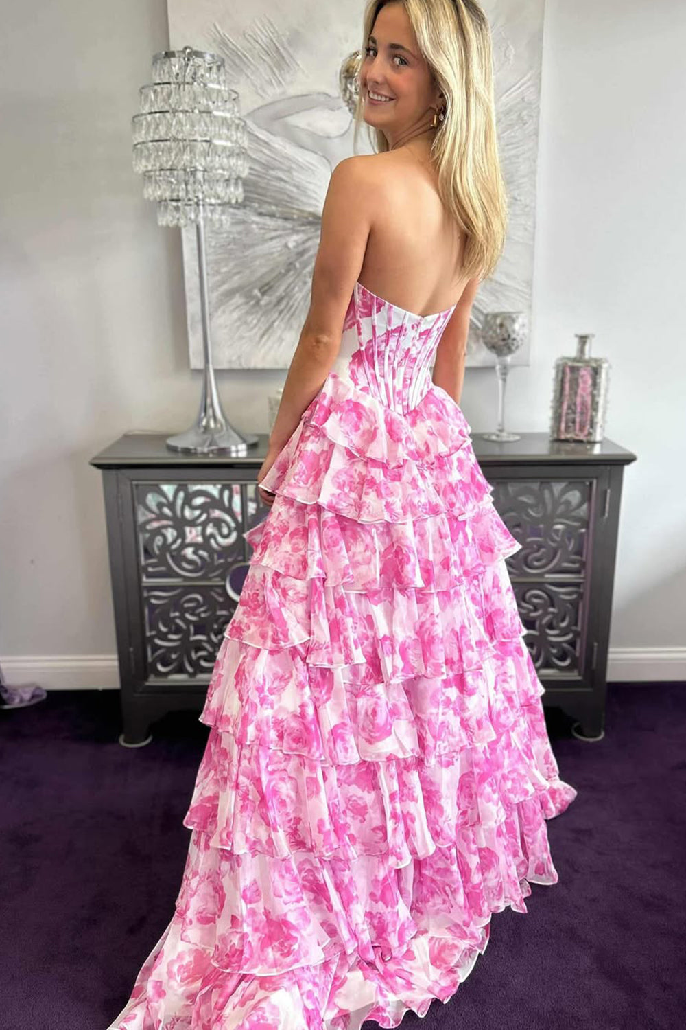Watercolor Floral Strapless Prom Dress with Sweetheart Tiered Chiffon Train
