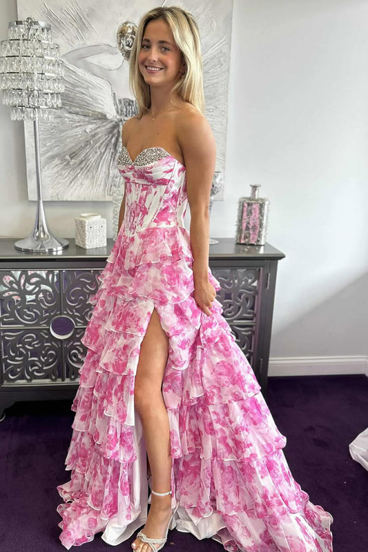 Watercolor Floral Strapless Prom Dress with Sweetheart Tiered Chiffon Train