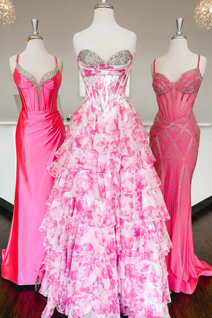 Watercolor Floral Strapless Prom Dress with Sweetheart Tiered Chiffon Train