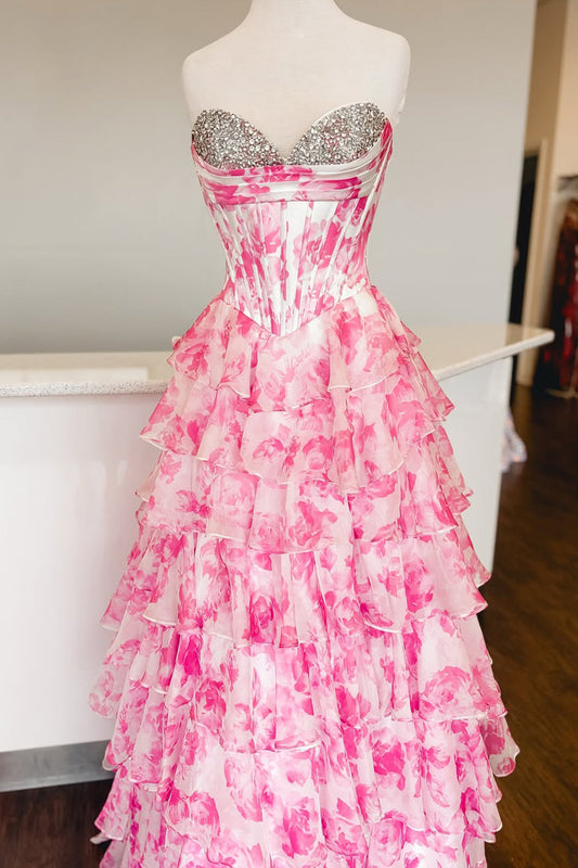 Watercolor Floral Strapless Prom Dress with Sweetheart Tiered Chiffon Train