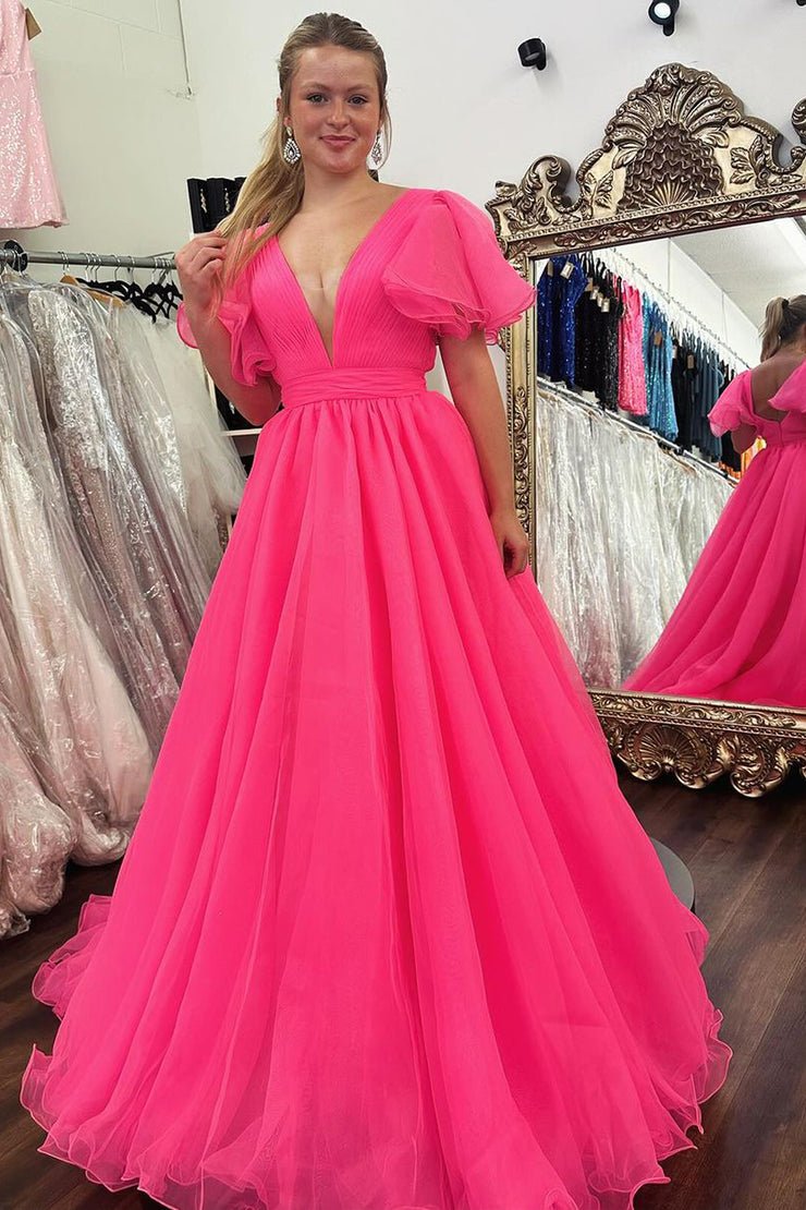 Orange Plunge V Ruffled Sleeve A-Line Long Formal Dress