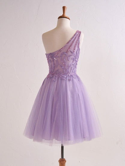 Amiri | One Shoulder A-line Lilac Short Homecoming Dress with Appliques
