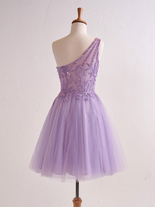 Amiri | One Shoulder A-line Lilac Short Homecoming Dress with Appliques