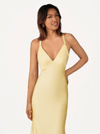 Quaylee | Yellow Mermaid V-Neck Satin Prom Dresses With Tail Evening Dress