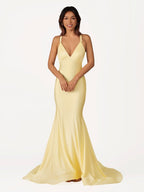 Quaylee | Yellow Mermaid V-Neck Satin Prom Dresses With Tail Evening Dress