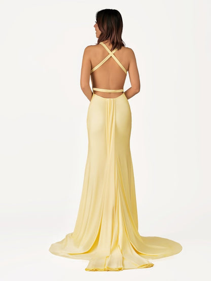 Quaylee | Yellow Mermaid V-Neck Satin Prom Dresses With Tail Evening Dress