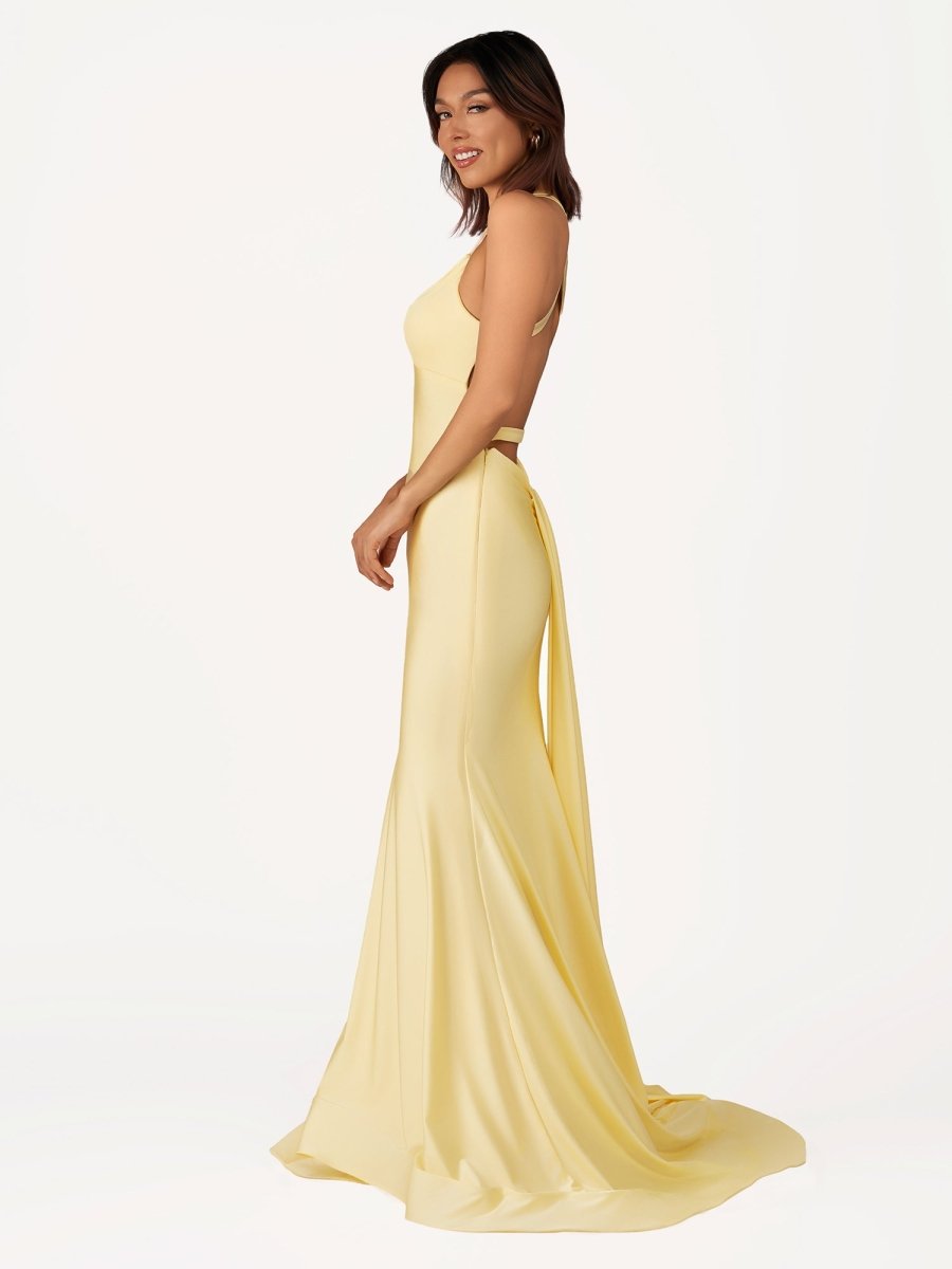 Quaylee | Yellow Mermaid V-Neck Satin Prom Dresses With Tail Evening Dress