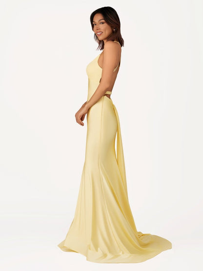 Quaylee | Yellow Mermaid V-Neck Satin Prom Dresses With Tail Evening Dress