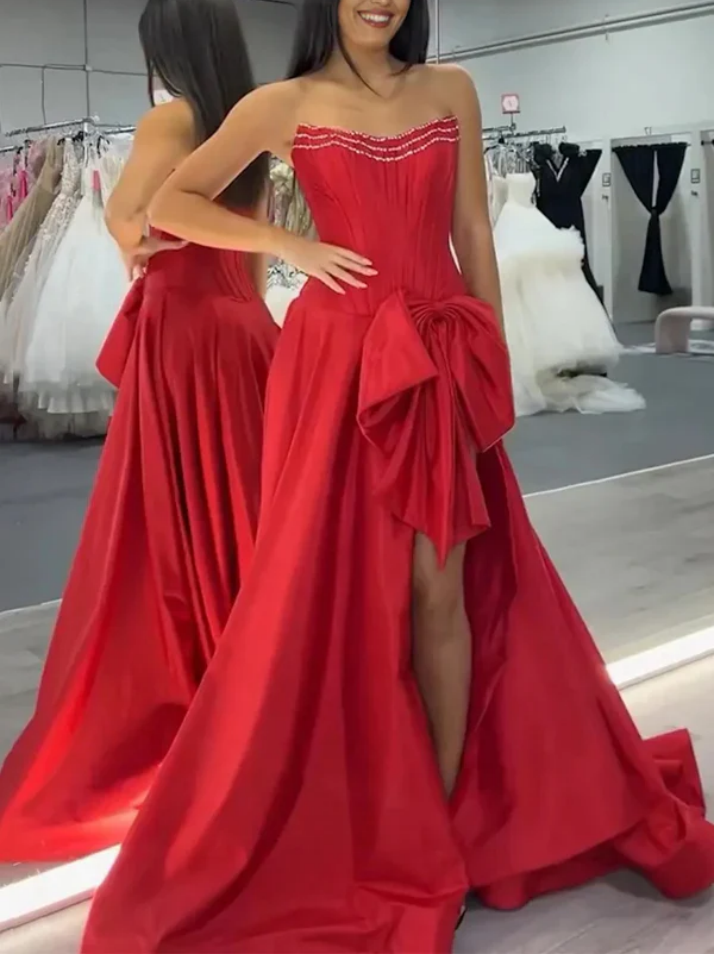 Red A-Line Empire-Waist Satin Pleated High Slit Prom Dress with Bow