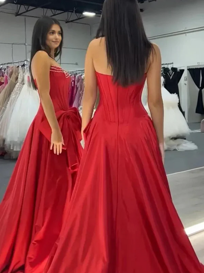 Red A-Line Empire-Waist Satin Pleated High Slit Prom Dress with Bow