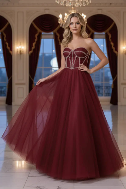 Rhinestone Boned Strapless Corset Tulle Prom Dress | Sevoba