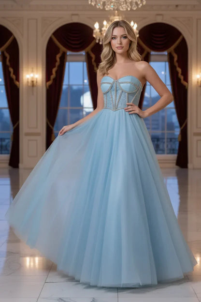 Rhinestone Boned Strapless Corset Tulle Prom Dress | Sevoba