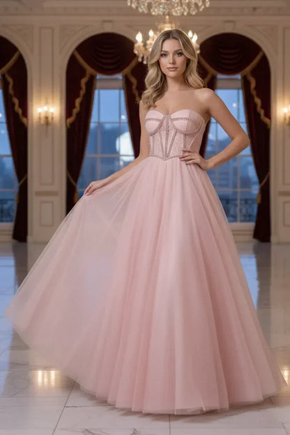 Rhinestone Boned Strapless Corset Tulle Prom Dress | Sevoba