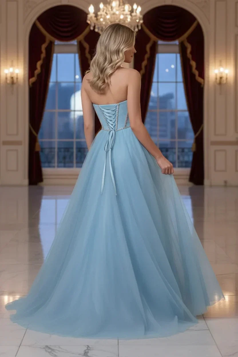 Rhinestone Boned Strapless Corset Tulle Prom Dress | Sevoba