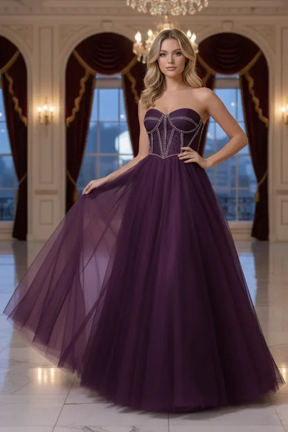 Rhinestone Boned Strapless Corset Tulle Prom Dress | Sevoba