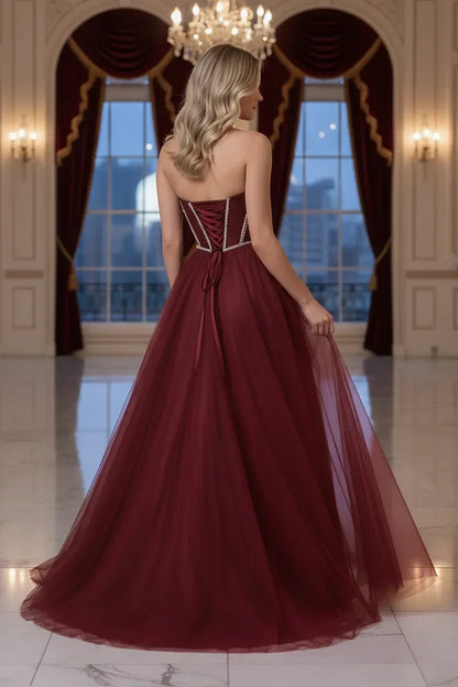 Rhinestone Boned Strapless Corset Tulle Prom Dress | Sevoba