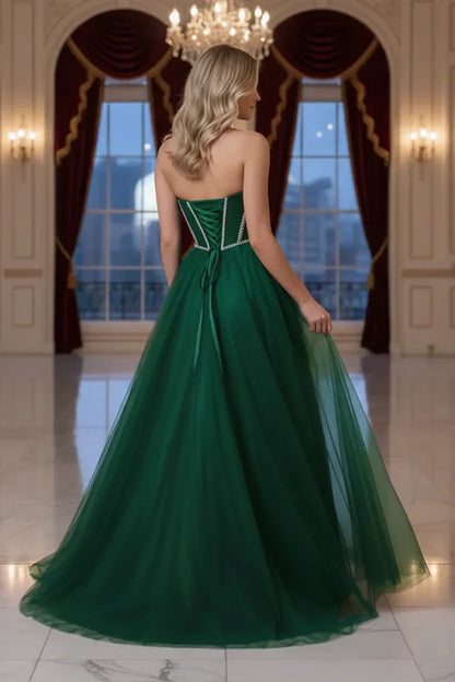Rhinestone Boned Strapless Corset Tulle Prom Dress | Sevoba