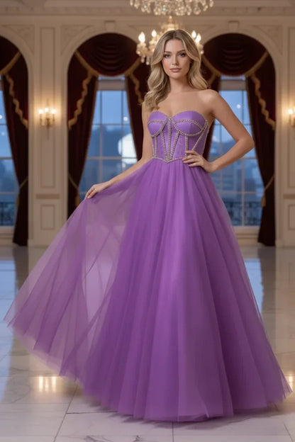 Rhinestone Boned Strapless Corset Tulle Prom Dress | Sevoba