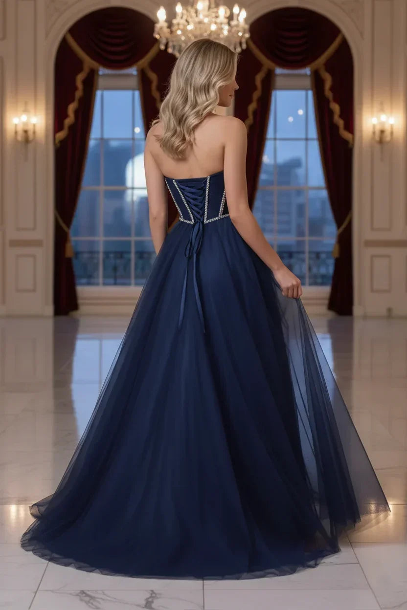 Rhinestone Boned Strapless Corset Tulle Prom Dress | Sevoba