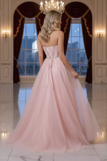 Rhinestone Boned Strapless Corset Tulle Prom Dress | Sevoba