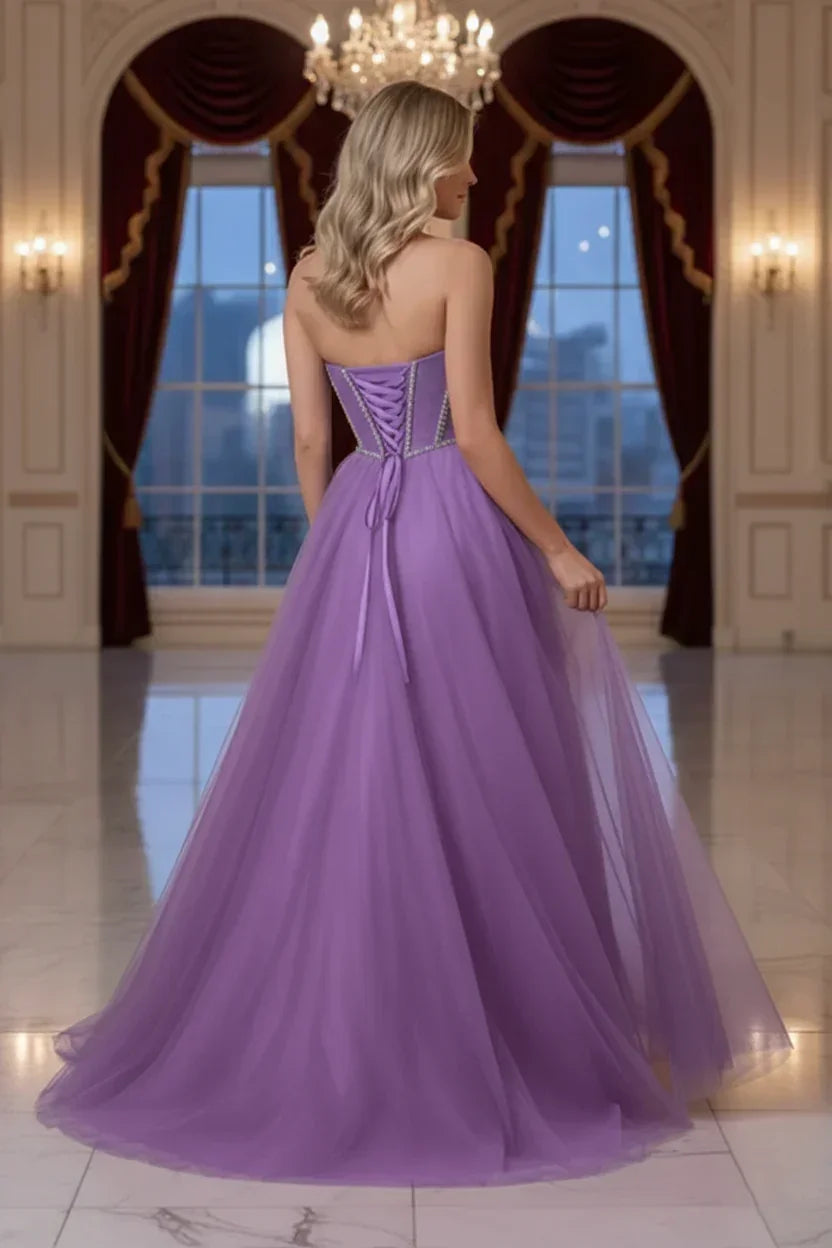 Rhinestone Boned Strapless Corset Tulle Prom Dress | Sevoba