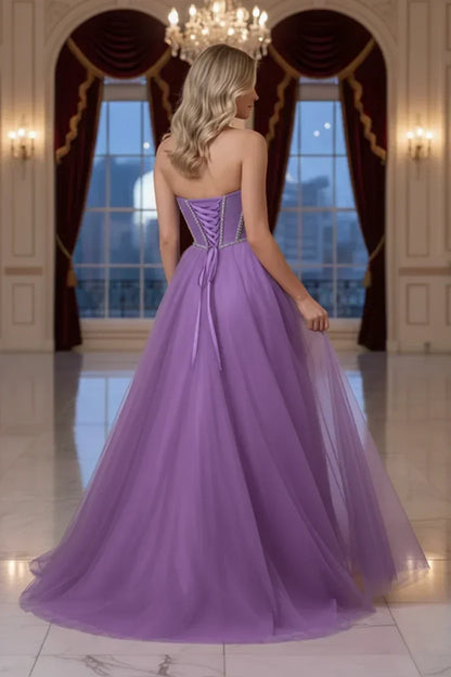 Rhinestone Boned Strapless Corset Tulle Prom Dress | Sevoba