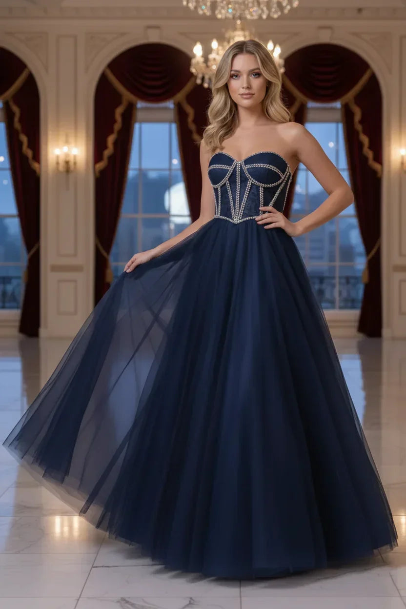 Rhinestone Boned Strapless Corset Tulle Prom Dress | Sevoba