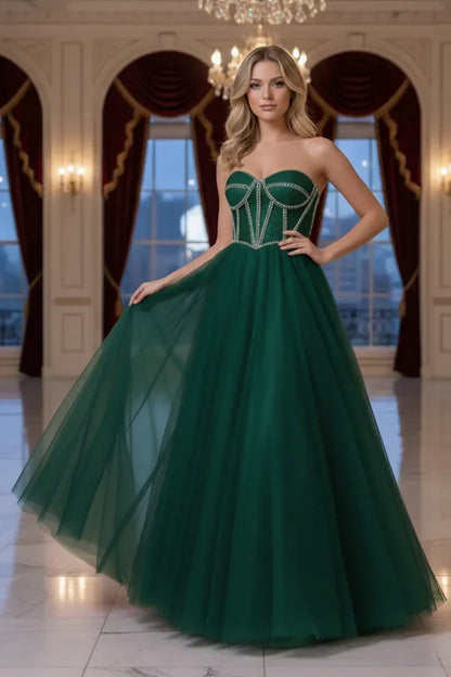 Rhinestone Boned Strapless Corset Tulle Prom Dress | Sevoba