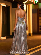 Sevoba | Halter A-line  Pleated Maxi Dress Silver