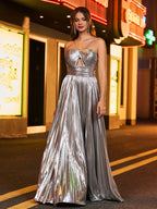 Sevoba | Halter A-line  Pleated Maxi Dress Silver