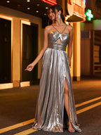 Sevoba | Halter A-line  Pleated Maxi Dress Silver