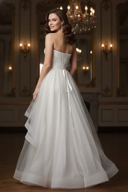 Ruffled Strapless Tulle Corset Prom Dress with Slit | Sevoba