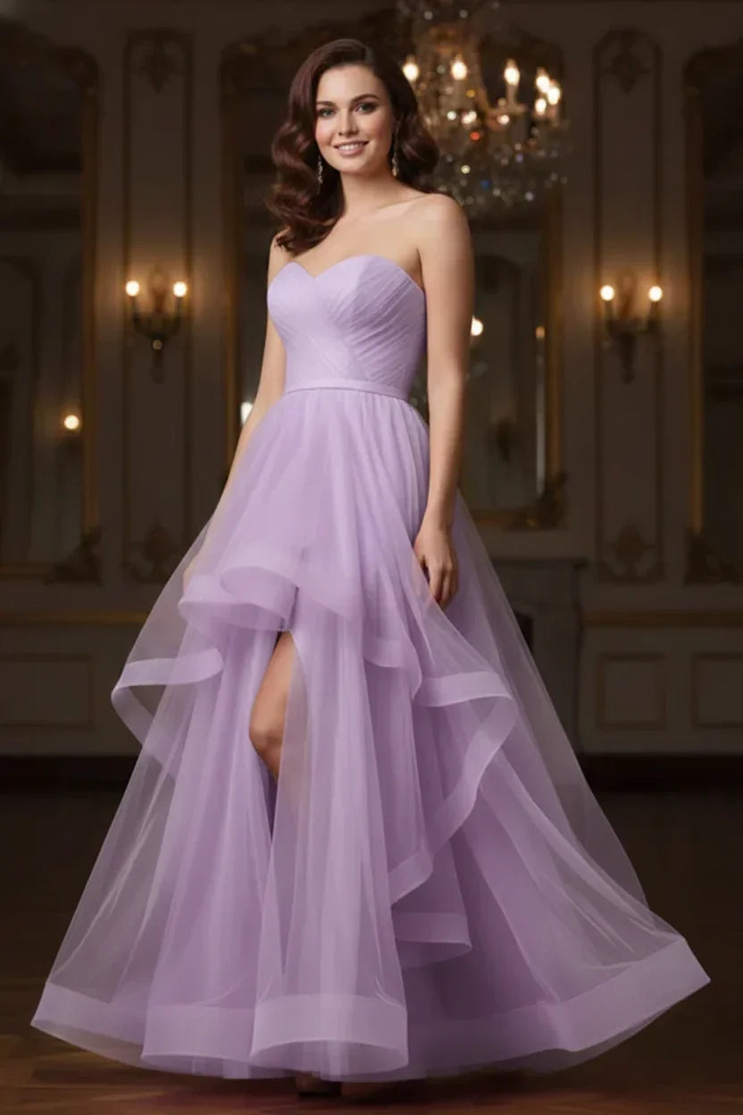 Ruffled Strapless Tulle Corset Prom Dress with Slit | Sevoba