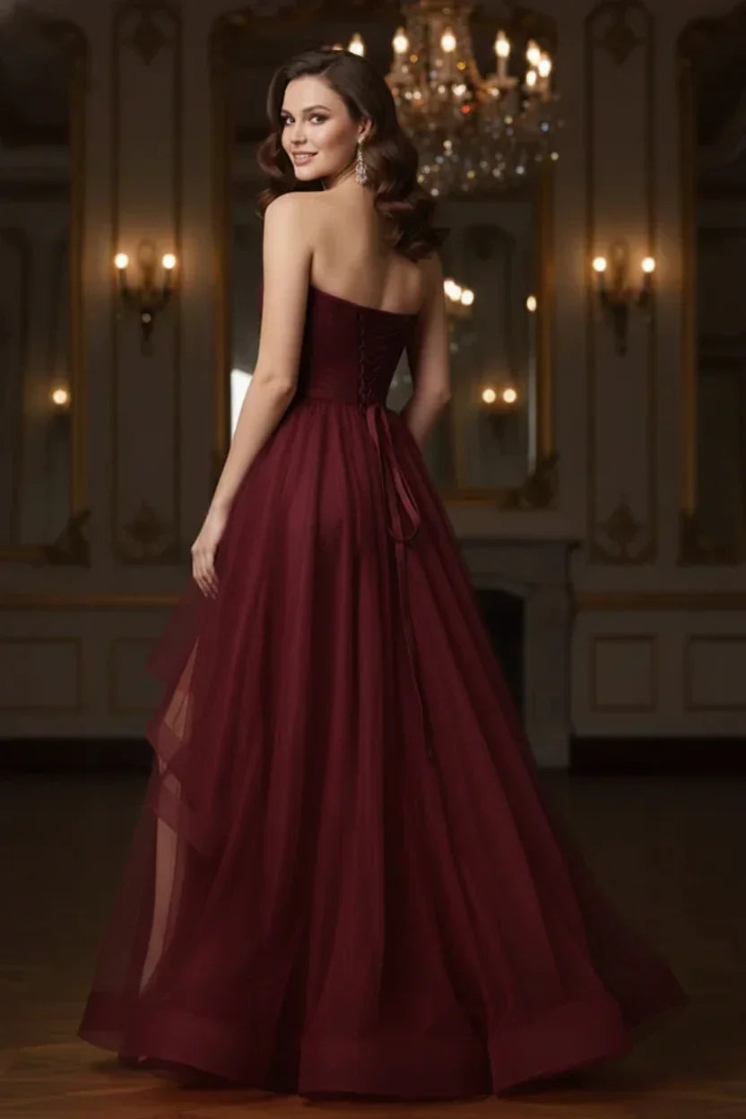 Ruffled Strapless Tulle Corset Prom Dress with Slit | Sevoba