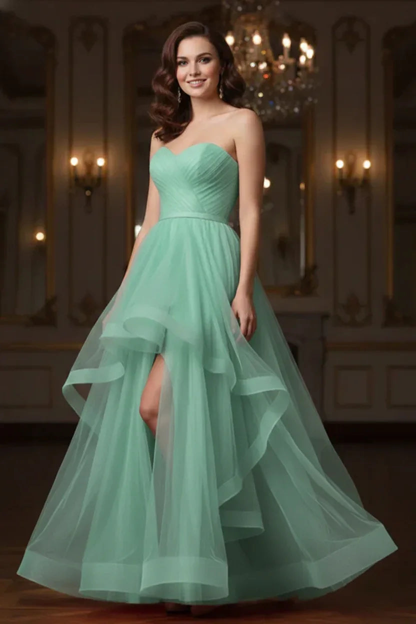 Ruffled Strapless Tulle Corset Prom Dress with Slit | Sevoba