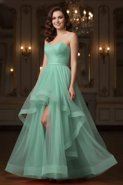Ruffled Strapless Tulle Corset Prom Dress with Slit | Sevoba