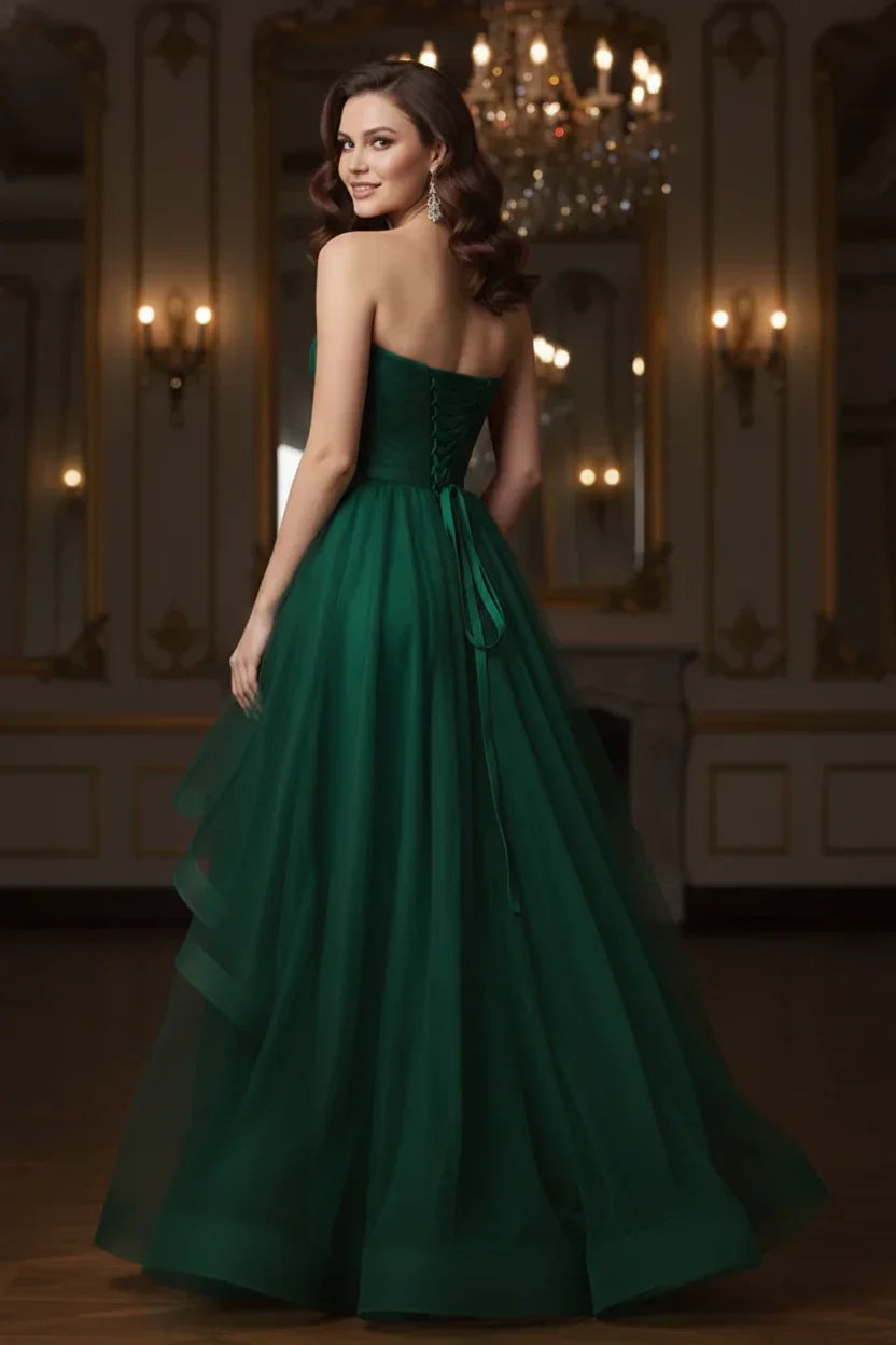 Ruffled Strapless Tulle Corset Prom Dress with Slit | Sevoba