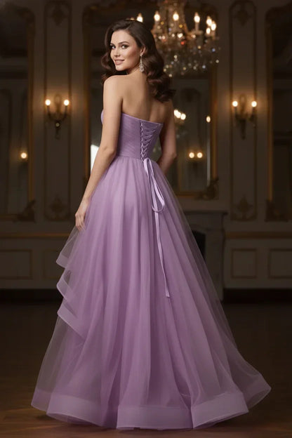 Ruffled Strapless Tulle Corset Prom Dress with Slit | Sevoba