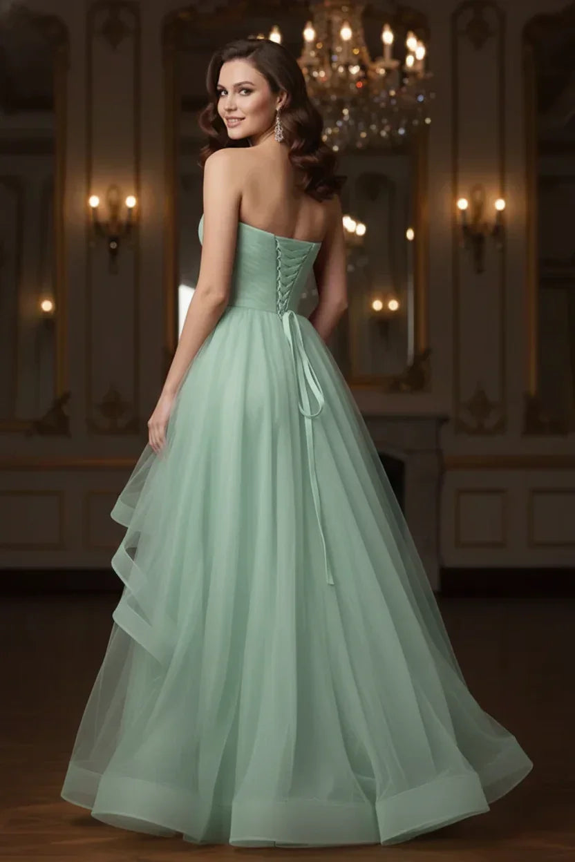Ruffled Strapless Tulle Corset Prom Dress with Slit | Sevoba
