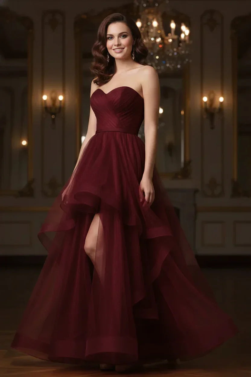 Ruffled Strapless Tulle Corset Prom Dress with Slit | Sevoba