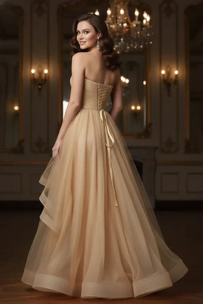 Ruffled Strapless Tulle Corset Prom Dress with Slit | Sevoba
