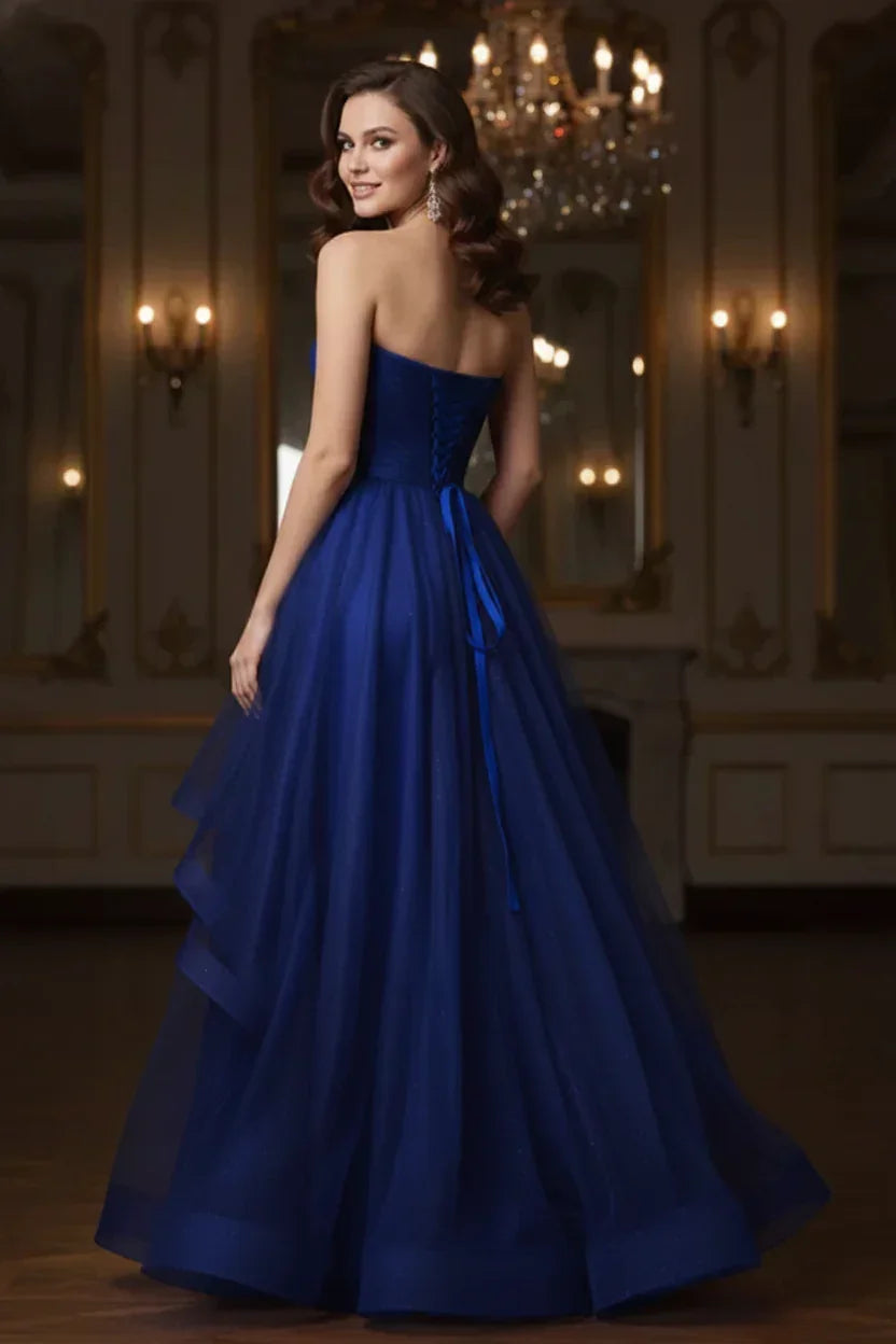 Ruffled Strapless Tulle Corset Prom Dress with Slit | Sevoba