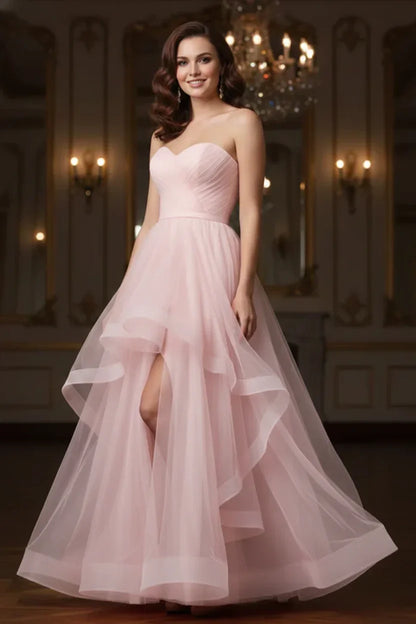 Ruffled Strapless Tulle Corset Prom Dress with Slit | Sevoba