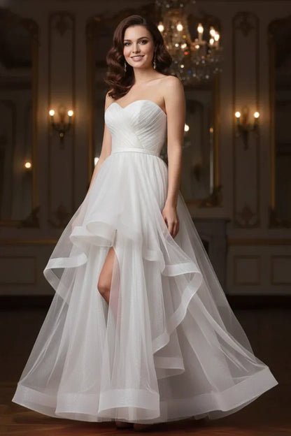 Ruffled Strapless Tulle Corset Prom Dress with Slit | Sevoba